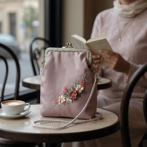 Blush Pink Velvet Purse with Hand-Embroidered Flowers | Soft Romantic Shoulder Bag