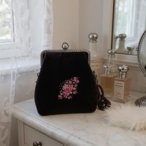 Dark Chocolate Velvet Purse with Hand-Embroidered Silk Flowers | Elegant Evening Bag