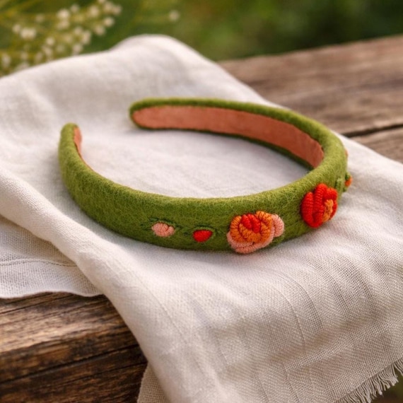 Bright Green Felt Headband With Rich Orange Blossoms. Hand  display picture 1