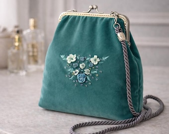 Turquoise Velvet Bag for Wedding Guest, Silk Ribbon Embroidery Floral Clutch for Elegant Women, Vintage Style Kiss Lock Crossbody Purse