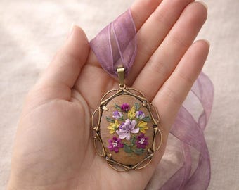 Victorian Silk Ribbon Embroidered Pendant with Vintage American Brass Setting, Cottagecore Floral Cameo Necklace, OOAK Embroidered Jewelry