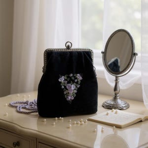 Dark Gray Velvet Purse with Hand-Embroidered Lavender Roses | Romantic Crossbody Bag