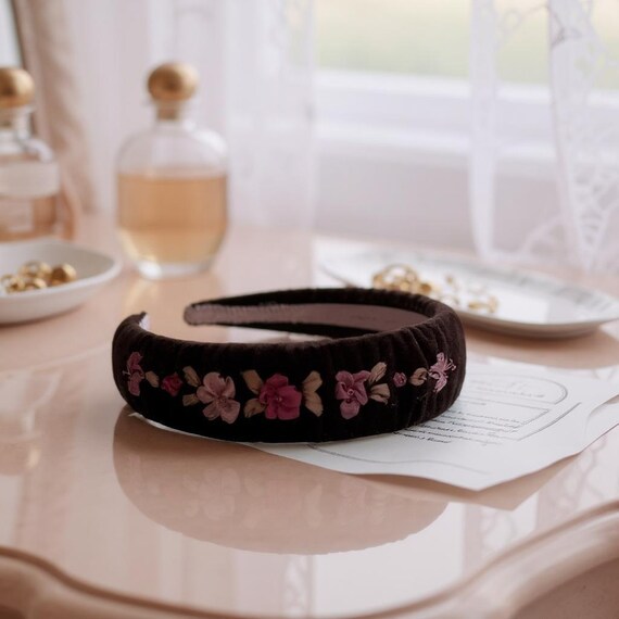 Velvet Embroidered Headband Burgundy Embroidered Velvet Headband, Top Knot Velvet  main image 2