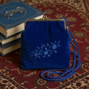 Royal Blue Velvet Purse with Hand-Embroidered Roses | Elegant Vintage-Inspired Evening Bag