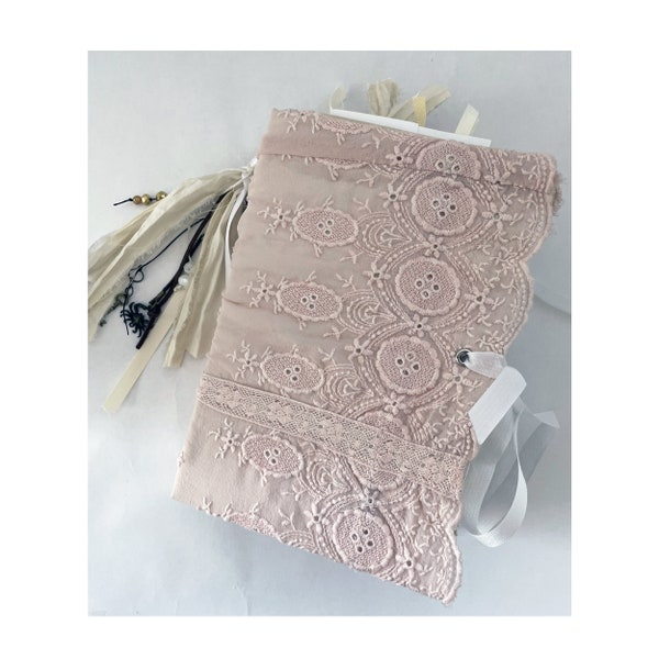 Junk Journal -  Cottage Eclectic Pink Eyelet Fabric Theme -  Named 'Emma' - 112 pages of Features - 6x9" -Handmade By 241 Paper