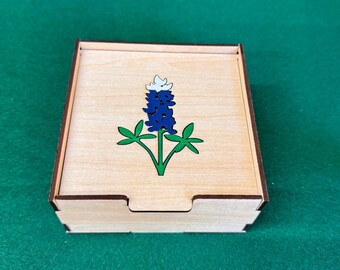 Texas Bluebonnet Inlay Baratija / Caja de madera para joyería con tapa.