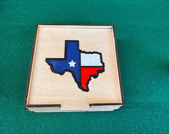 Bibelots/boîte à bijoux en bois avec couvercle avec incrustation de drapeau du Texas contour.