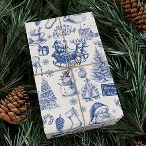Blue Toile Wrapping Paper, Vintage Christmas Wrapping Paper, Nostalgia Christmas Wrapping, Unique Elegant Gift Wrap, Blue Holiday Gift Wrap