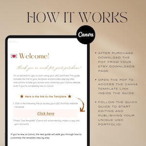 Pu&ograve; includere: Una guida digitale intitolata "HOW IT WORKS" con il marchio Canva. La guida include istruzioni per l'accesso e la personalizzazione di un modello di portfolio UGC. Il testo include "Welcome!" e "Click here" per l'accesso al modello. Lo sfondo &egrave; una sfumatura di beige e marrone.
