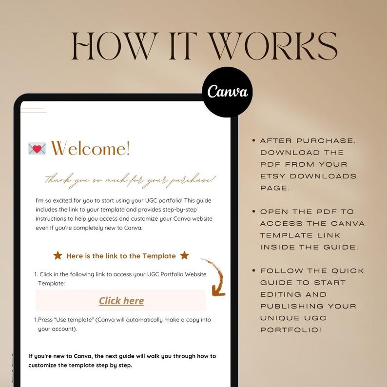 Pu&ograve; includere: Una guida digitale intitolata "HOW IT WORKS" con il marchio Canva. La guida include istruzioni per l'accesso e la personalizzazione di un modello di portfolio UGC. Il testo include "Welcome!" e "Click here" per l'accesso al modello. Lo sfondo &egrave; una sfumatura di beige e marrone.
