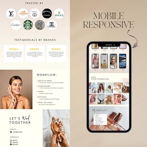 Pu&ograve; includere: Grafica promozionale con il testo "TRUSTED BY" e loghi di marchi di lusso. Uno smartphone mostra un sito web con esempi di fotografia UGC. &Egrave; presente anche il testo "MOBILE RESPONSIVE". La grafica include anche testimonianze e dettagli del flusso di lavoro.