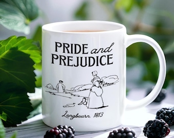 Pride and Prejudice Mug, Longbourn Mug, Meryton, Jane Austen Mug, Romantic Novel Book Lover Gift, Literature Mug, Mr Darcy and Elizabeth Mug