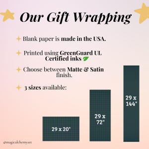 May include: Image promoting gift wrapping options. Text reads "Our Gift Wrapping" and highlights features like USA-made paper, GreenGuard certified inks, and matte or satin finishes. Three size options are displayed: 29 x 20 inches, 29 x 72 inches, and 29 x 144 inches.