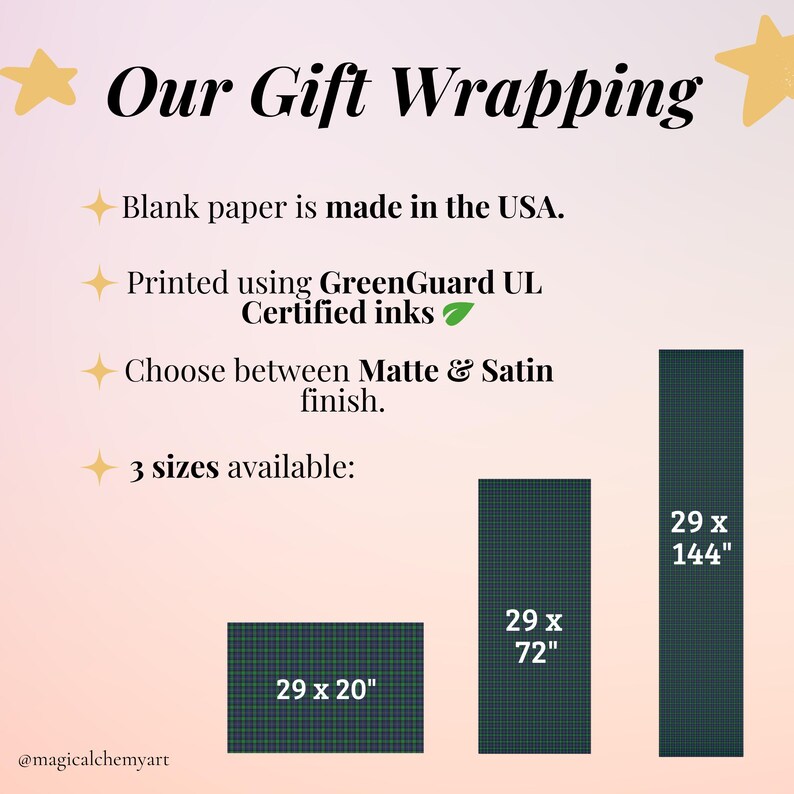 May include: Image promoting gift wrapping options. Text reads "Our Gift Wrapping" and highlights features like USA-made paper, GreenGuard certified inks, and matte or satin finishes. Three size options are displayed: 29 x 20 inches, 29 x 72 inches, and 29 x 144 inches.