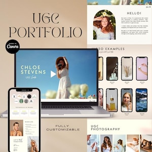 May include: A laptop and smartphone display a UGC portfolio. The laptop screen shows a woman with a camera, the text "Chloe Stevens," and a play button. The smartphone displays a website with testimonials and workflow information. The words "UGC Portfolio" are at the top.