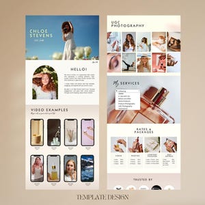 Pu&ograve; includere: Grafica promozionale con il testo "CHLOE STEVENS UGC" e "UGC Photography". Il design include foto, esempi video, descrizioni dei servizi e pacchetti tariffari. Il tema generale &egrave; un modello di marketing.