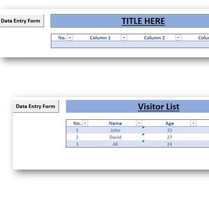 May include: Two data entry forms are displayed. The first form has a blue header labeled "TITLE HERE" and columns for data input. The second form, labeled "Visitor List," shows a table with visitor details including name, age, and job.