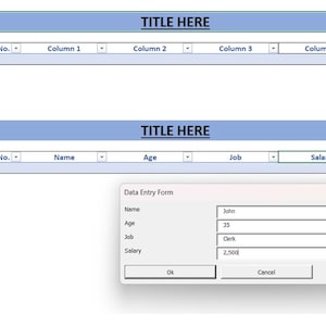 May include: A digital data entry form interface featuring two blue header bars labeled TITLE HERE. The tables include columns for No., Name, Age, Job, and Salary. A pop-up window displays fields filled with the text John, 35, Clerk, and 2,500.