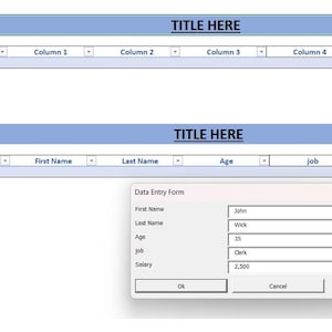 May include: A digital data entry form interface featuring a blue header labeled TITLE HERE, a table with columns for No., First Name, Last Name, Age, job, and Salary, and a pop-up window with fields for John Wick, age 35, clerk, and salary 2,500.