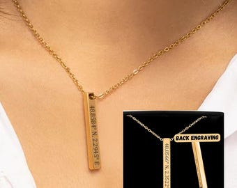 Custom Coordinates Bar Necklace: Engraved Location Jewelry Gift