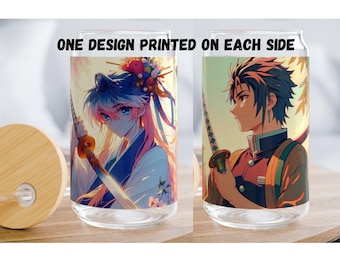 Anime Glass Cup, Japanese Manga Design, Bamboo Lid & Straw