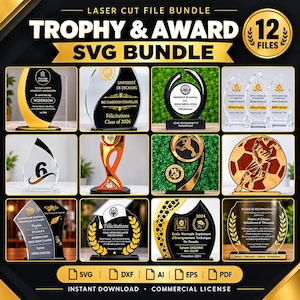 May include: A digital graphic displaying a laser cut file bundle featuring 12 trophy and award SVG files. The image showcases various designs of acrylic and wooden awards with text, logos, and illustrations, including soccer and academic themes.