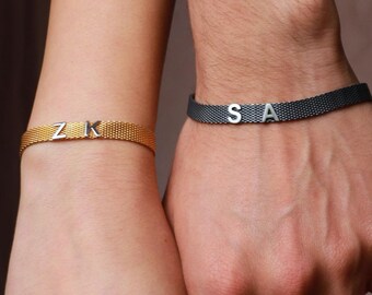 Silver Personalized Initial Bracelet, Couple Set