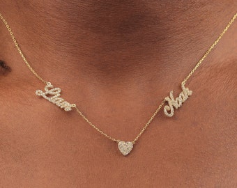 Custom Name Necklace, Pave Diamond Heart Charm, Family Gift