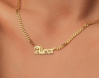 14K Gold Gothic Name Necklace, Personalized Old English Style
