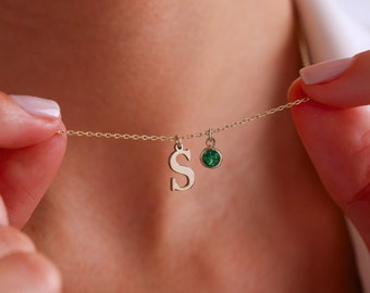 14K Gold Initial Necklace with Birthstone, Personalized Letter Jewelry, Custom Letter Pendant, Gift for Her, New Mom Gift, Gift for Wife