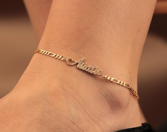 14k Solid Gold Diamond Name Anklet, Charm Anklet, Name Anklet, Gold Cubic Zirconia Necklace, Personalized Gift for Her, Mothers Day Gift