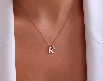 14K Gold Initial Necklace with Birthstone, Personalized Letter Jewelry, Custom Letter Pendant, Gift for Her, Birthstone Necklace for New Mom