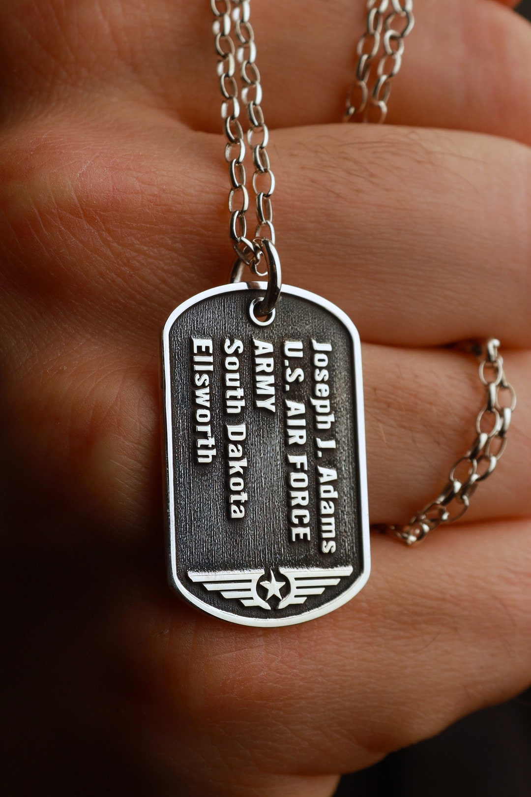 Silver Dog Tag Necklace, Army ID Tag, Fathers Day Gift Custom