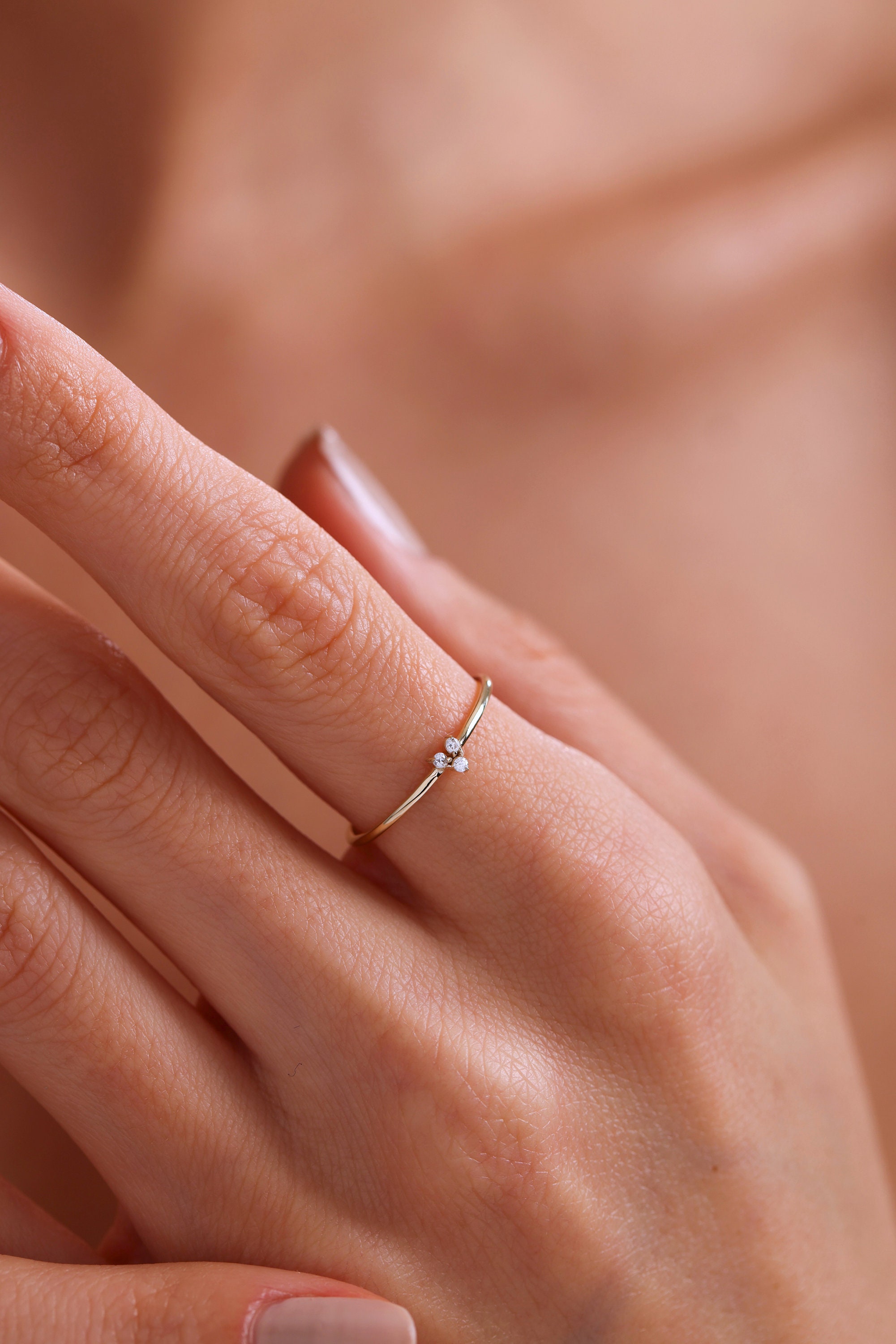 14k Solid Gold Minimalist Ring, Diamond Ring, Triple Stone