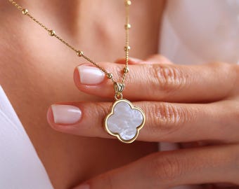 14K Solid Gold Mother of Pearl Clover Necklace, Initial Pendant