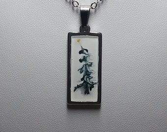 Hand Painted One of a Kind Stainless Steel Sealed Rectangle Glass Pendant Necklace Pine Evergreen Christmas Tree