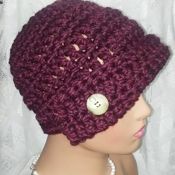 Plum Burgundy Wool Blend Winter Warm Handmade Chunky Flapper Cloche Beanie Newsboy Hat Gifts Under 50 Ready to Ship Garbo Free Shipping