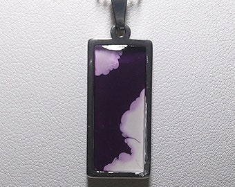 Hand Painted One of a Kind Stainless Steel Sealed Rectangle Glass Pendant Necklace Swirls Sea Scene Purple Clouds Lava Lamp