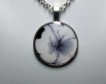 Hand Painted One of a Kind Stainless Steel Sealed Circle Glass Pendant Necklace Swirls Flower Mauve Purple Maroon