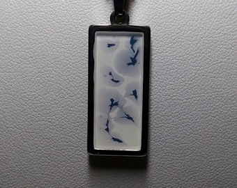 Hand Painted One of a Kind Stainless Steel Sealed Rectangle Glass Pendant Necklace Birds Butterflies in Flight Blue Gray