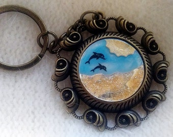 Keychain Handmade Painting The Perfect Beach Day Dolphins One of a Kind Bronze Sealed Glass Pendant Key Chain Gift Natural Wood Black