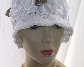 White Wedding Cotton Cloche 20s Flapper Sun Hat Satin Flower Rose