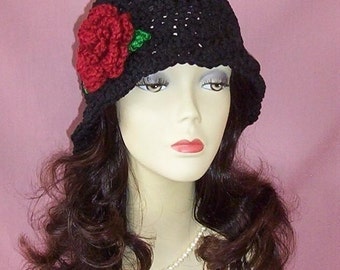 Hand Crochet Flapper 1920s Cloche Vintage Style Hat, Black with Autumn Red Flower