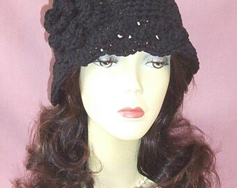 Hand Crochet Flapper 1920s Cloche Vintage Style Hat, Black with Flower