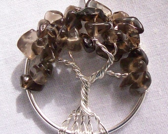 Tree of Life Pendant Necklace - Smoky Quartz - Wire Wrapped Silver - Medium Size