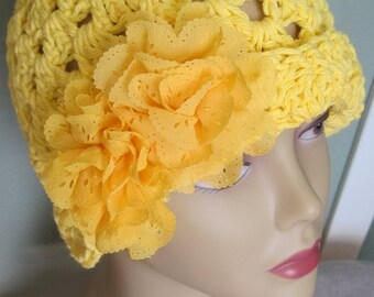 NWT Natural Cotton Cloche Hat Flowers Sun Rose Yellow Eyelet Lace Fedora Knit Mothers Day