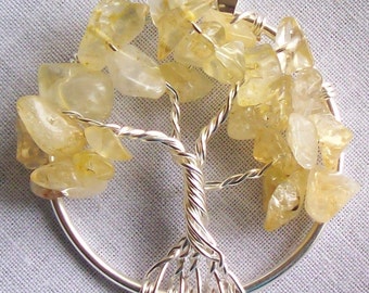 Tree of Life Pendant - Citrine - Wire Wrapped Silver - Medium Size - November Birthstone