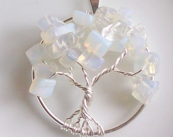 Tree of Life Pendant Necklace - Moonstone Opalite - Wire Wrapped Silver - Medium Size - October Birthstone - Gift