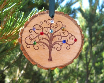 Custom Birthstone Ornament Wood Wall Hanging Family Genealogy Tree Personalized Gift Under 20 Grandmother Mother Swarovski Crystal Christmas