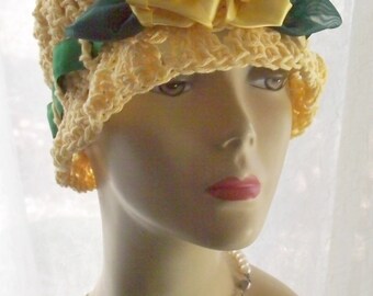 Yellow Cotton Cloche 1920s Flapper Sun Hat Satin Roses